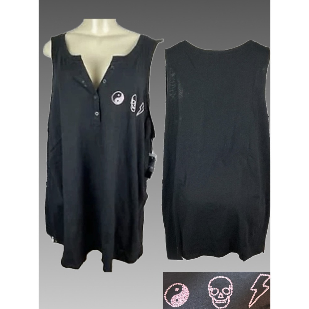 Torrid 6X Black Button Henley Tank Top Pink Embroidered Skull Yin Yang Cotton